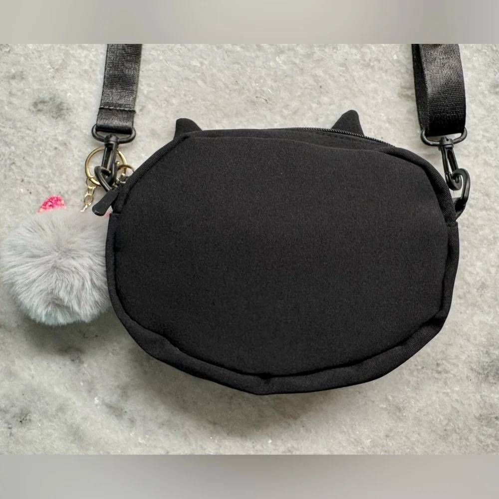 New Black Cat Crossbody Shoulder Purse Bag w/ Pink & Gray Bag Charm - 8” x 6”
